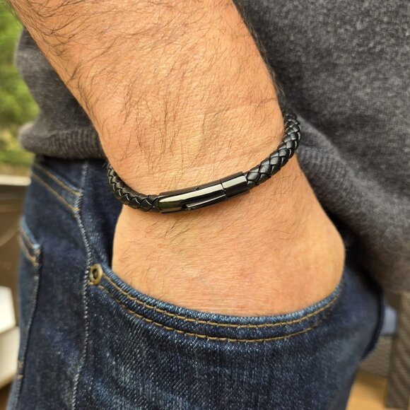 Black Leather Braided Bracelet with Stainless Steel Locking Clasp - Picture 1 of 7